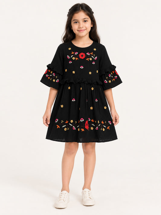 Black Embroidered Cotton Dress with Flarred Sleeves