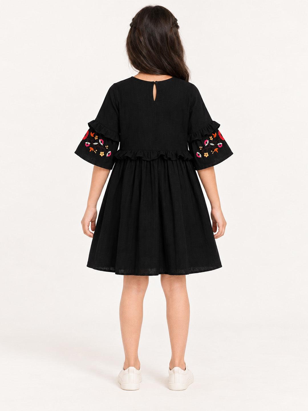 Black Embroidered Cotton Dress with Flarred Sleeves
