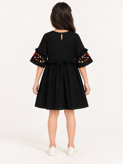 Black Embroidered Cotton Dress with Flarred Sleeves