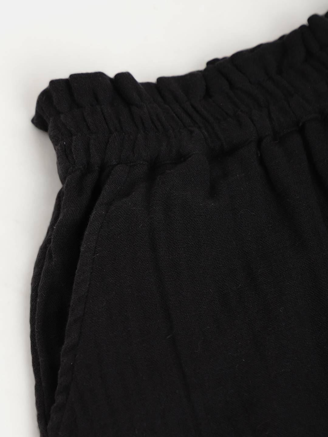 Black Cotton Trouser with waist frill & side pockets