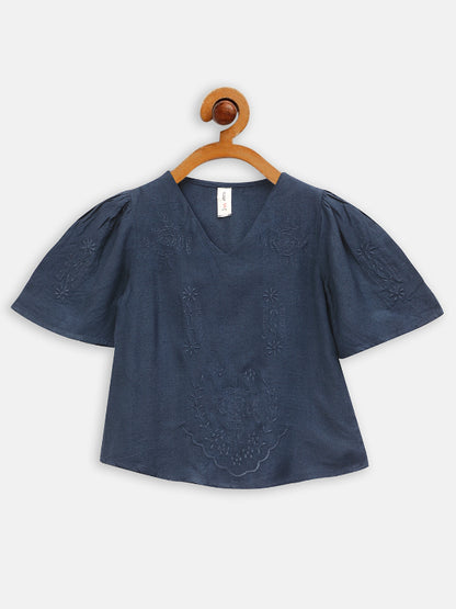 Embroidered v-neck blue  top