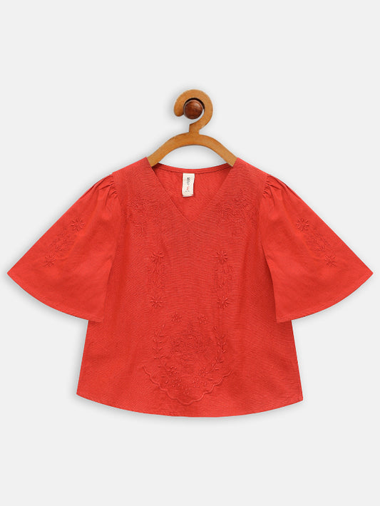 Embroidered v-neck orange  top