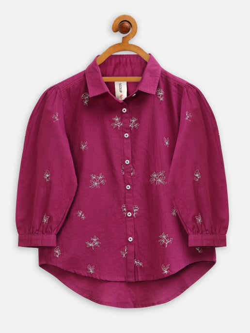 Burgundy embroidered cotton shirt