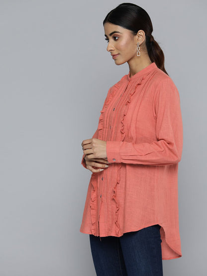 Coral Pleated Frill Top With Front Button Opening
