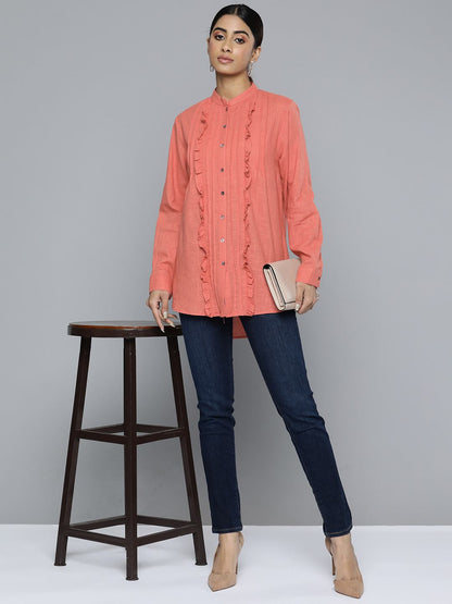 Coral Pleated Frill Top With Front Button Opening