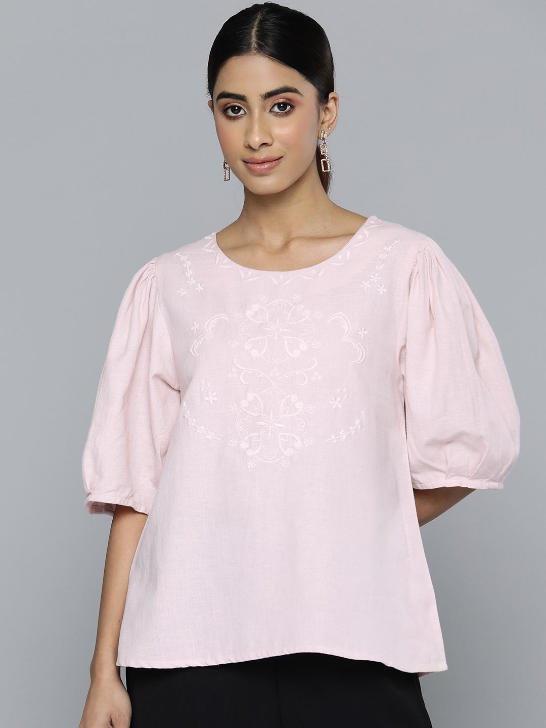 Scoup embroidered-pink-top-with-pleat-detail-on-sleeves