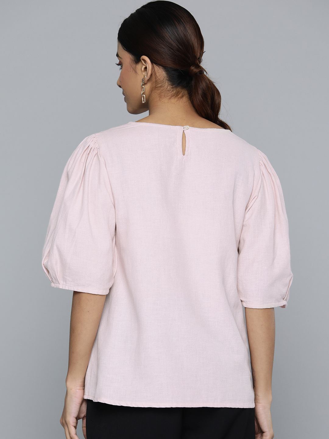 Embroidered Pink  Top with Pleat Detail On Sleeves