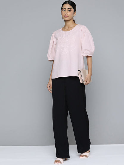 Embroidered Pink  Top with Pleat Detail On Sleeves