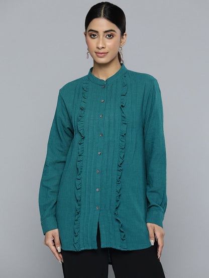 Scoup green-pleated-frill-top-with-front-button-opening