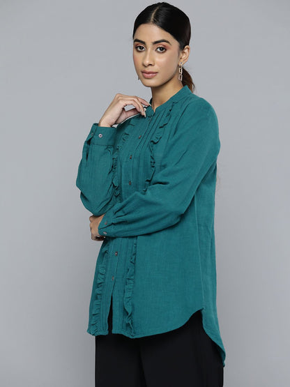 Green Pleated Frill Top With Front Button Opening