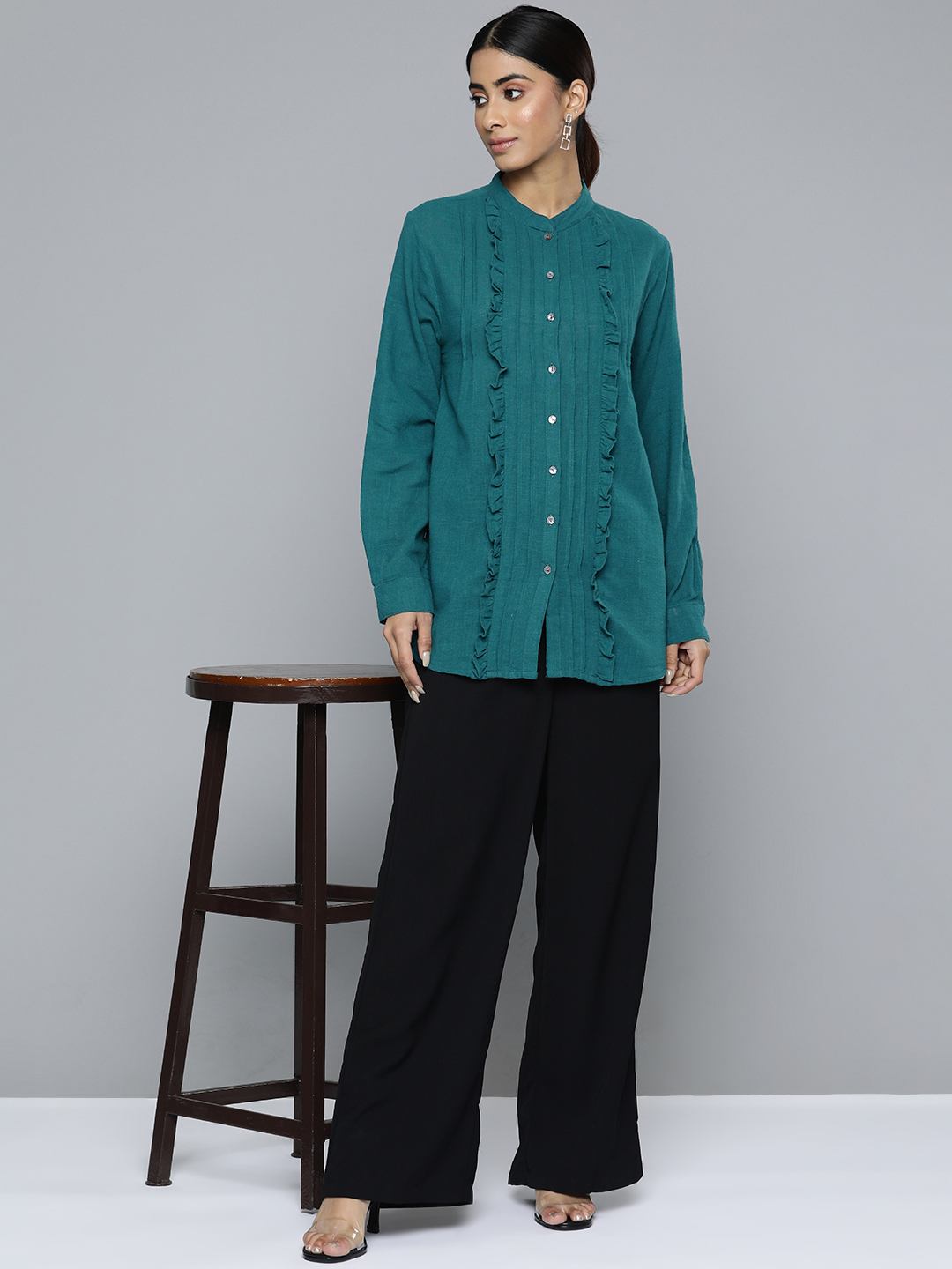 Green Pleated Frill Top With Front Button Opening
