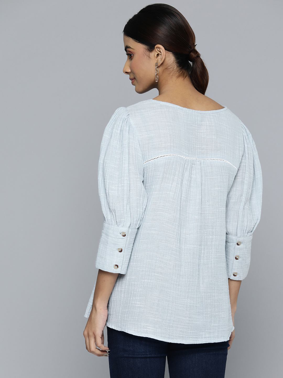 Solid Puff Sleeves Cotton Top