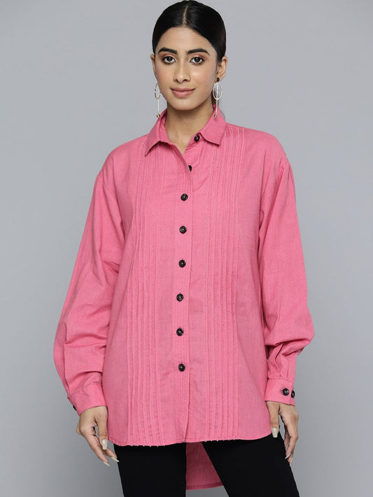 Scoup pink-linen-shirt-with-raw-edge-patched-pleat-detail