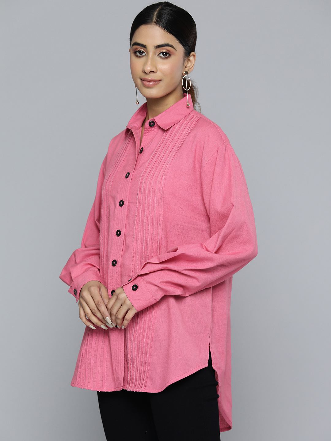 Pink Linen Shirt with Raw Edge Patched Pleat Detail