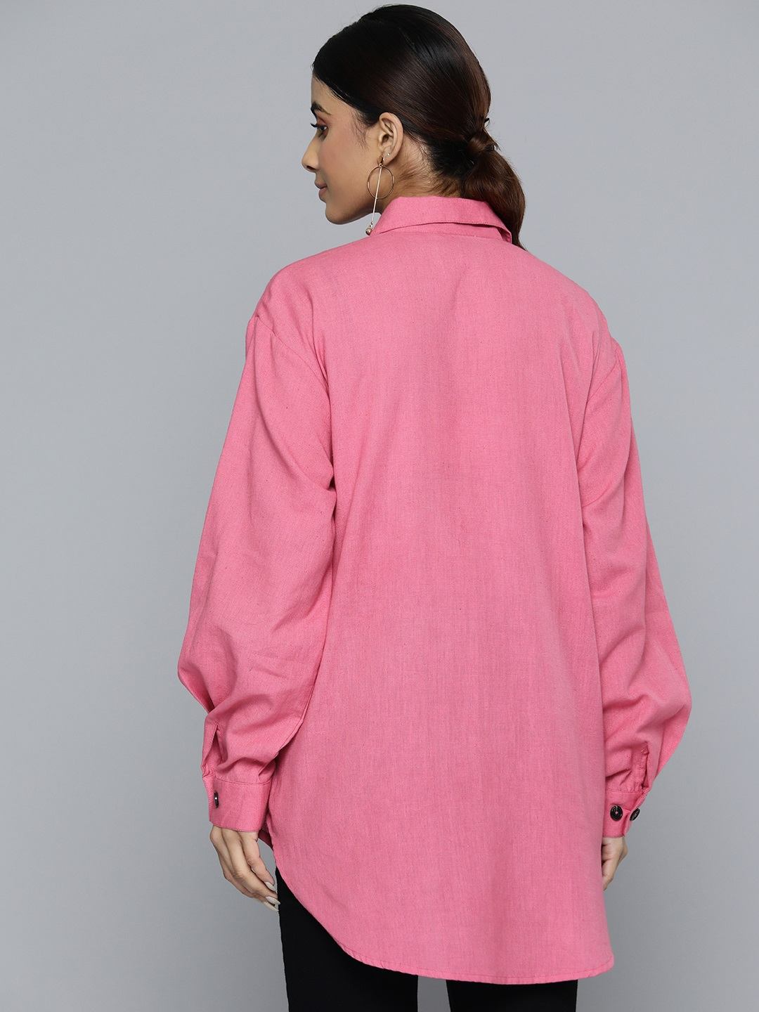 Pink Linen Shirt with Raw Edge Patched Pleat Detail