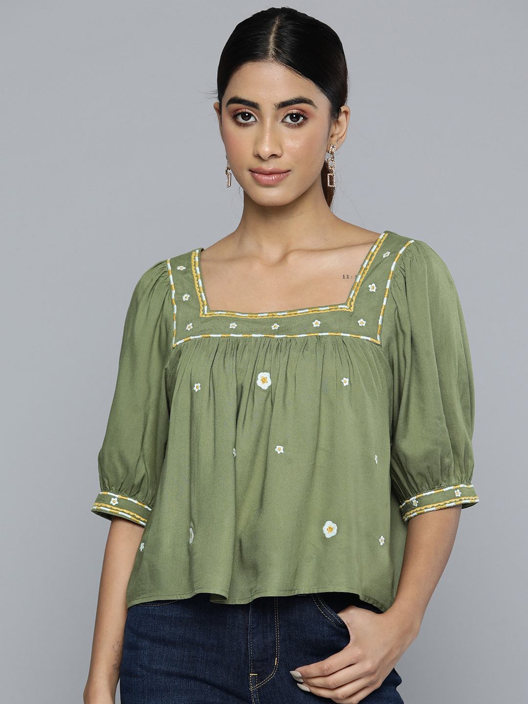 Scoup square-neckline-olive-green-embroidered-crop-top