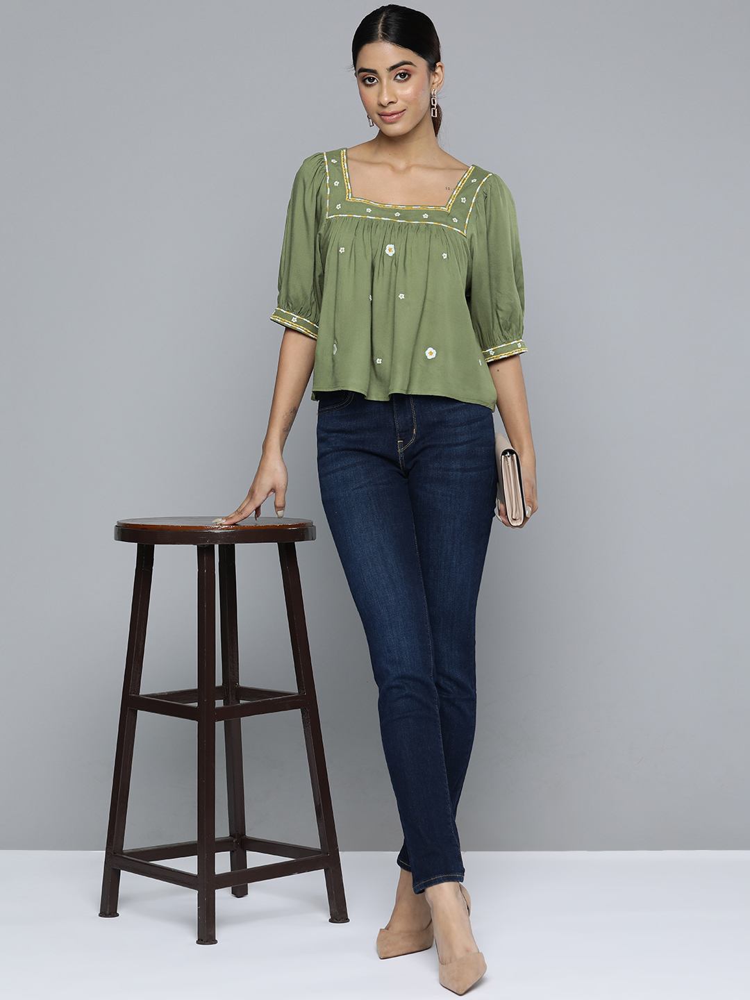 Square Neckline Olive Green Embroidered Crop Top