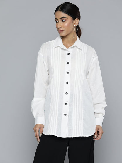 Scoup white-linen-shirt-with-raw-edge-patched-pleat-detail