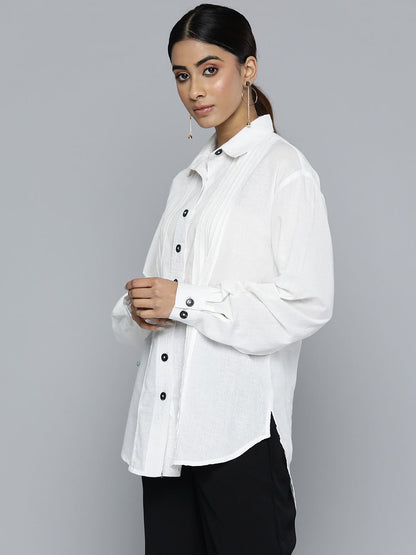 White Linen Shirt with Raw Edge Patched Pleat Detail