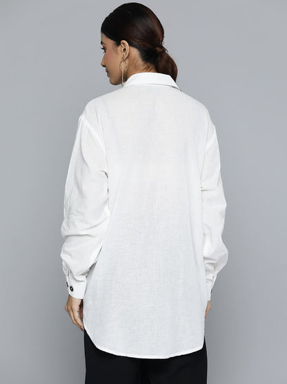 White Linen Shirt with Raw Edge Patched Pleat Detail