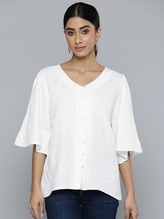 Scoup white-v-neckline-embroidered-top-with-bell-sleeves