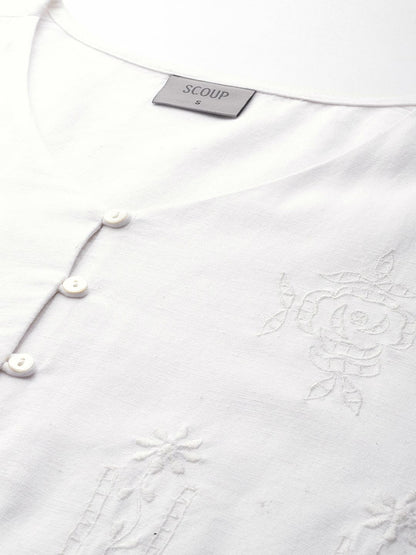 White V-Neckline Embroidered Top With Bell Sleeves