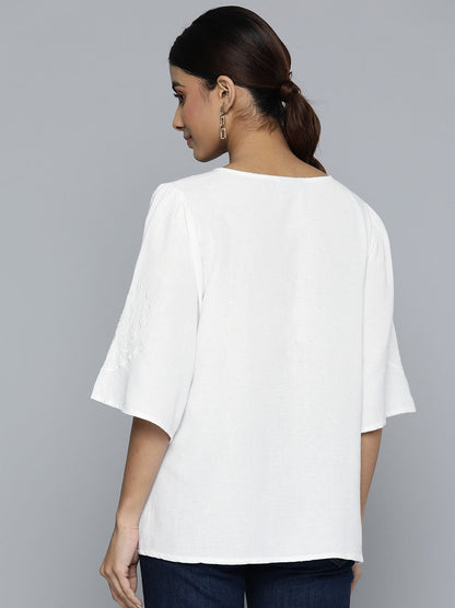White V-Neckline Embroidered Top With Bell Sleeves