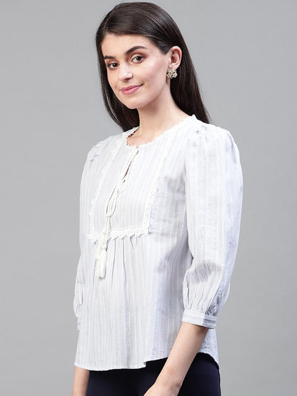 Blue and white strip cotton top with full sleeves