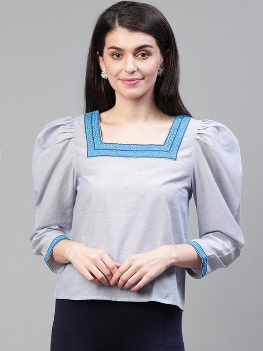 Blue cotton embroidered top