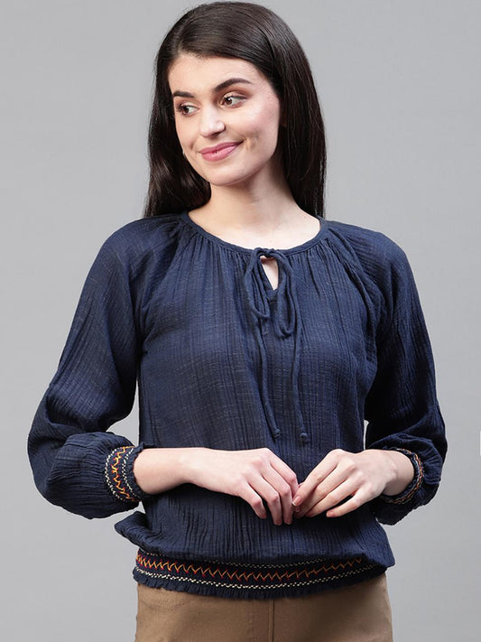 Navy blue cotton top with waist smocking