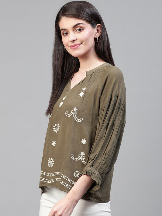 Women Olive Green & White Embroidered Top