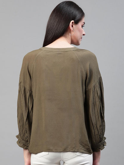 Women Olive Green & White Embroidered Top