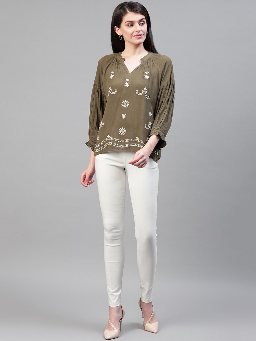 Women Olive Green & White Embroidered Top