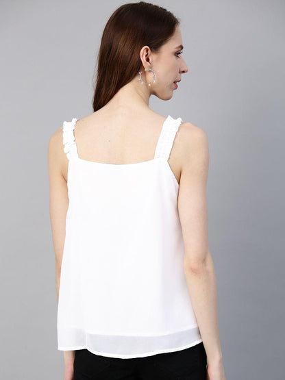 White Frill Strap Top with Bead Work