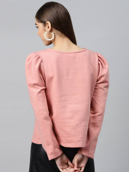 Women Pink & Black Printed Puff Sleeves Sweatshirt