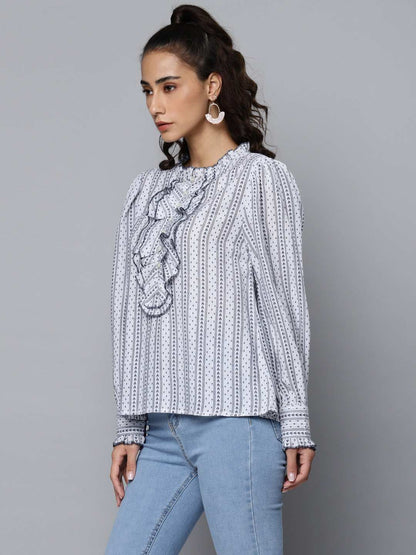Cotton Jacquardc Frill Full Sleeves Top