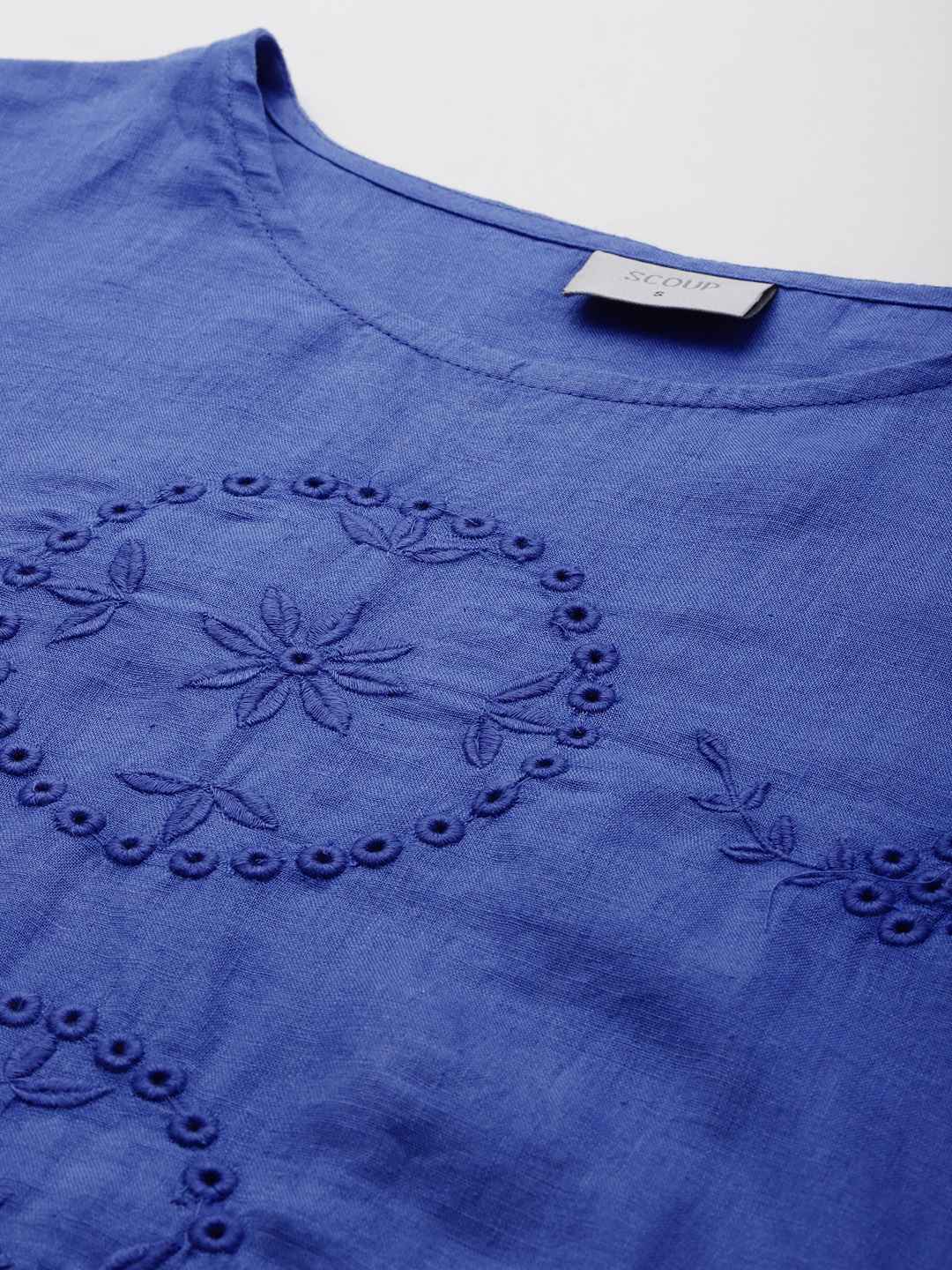 Blue Schiffli Embroidered Cotton Linen?op