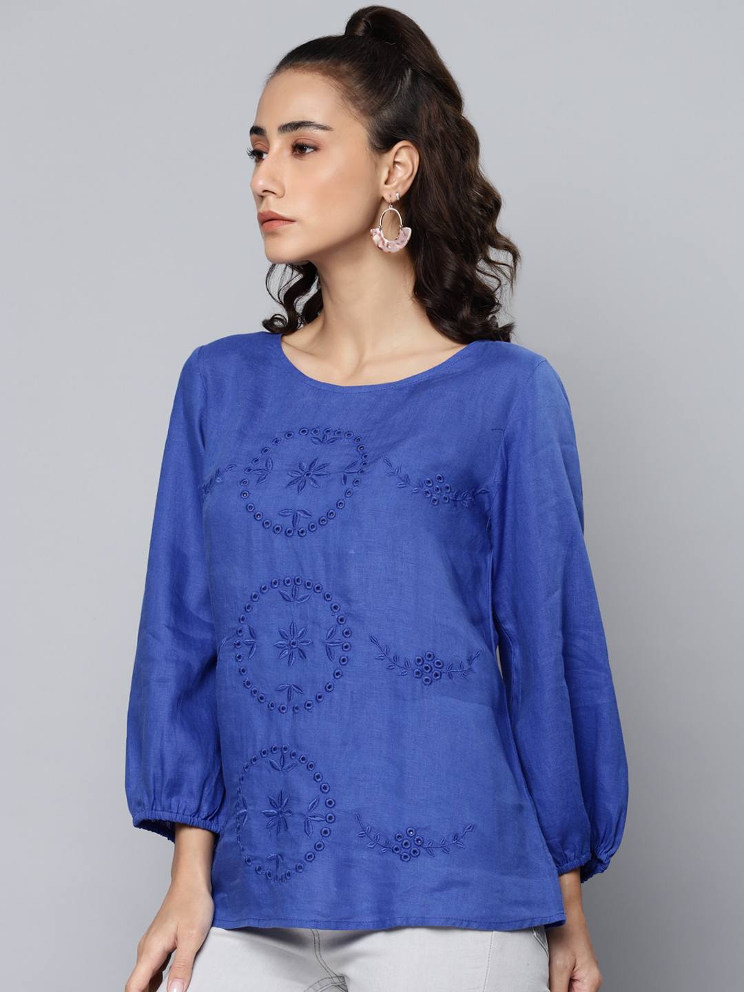 Blue Schiffli Embroidered Cotton Linen?op