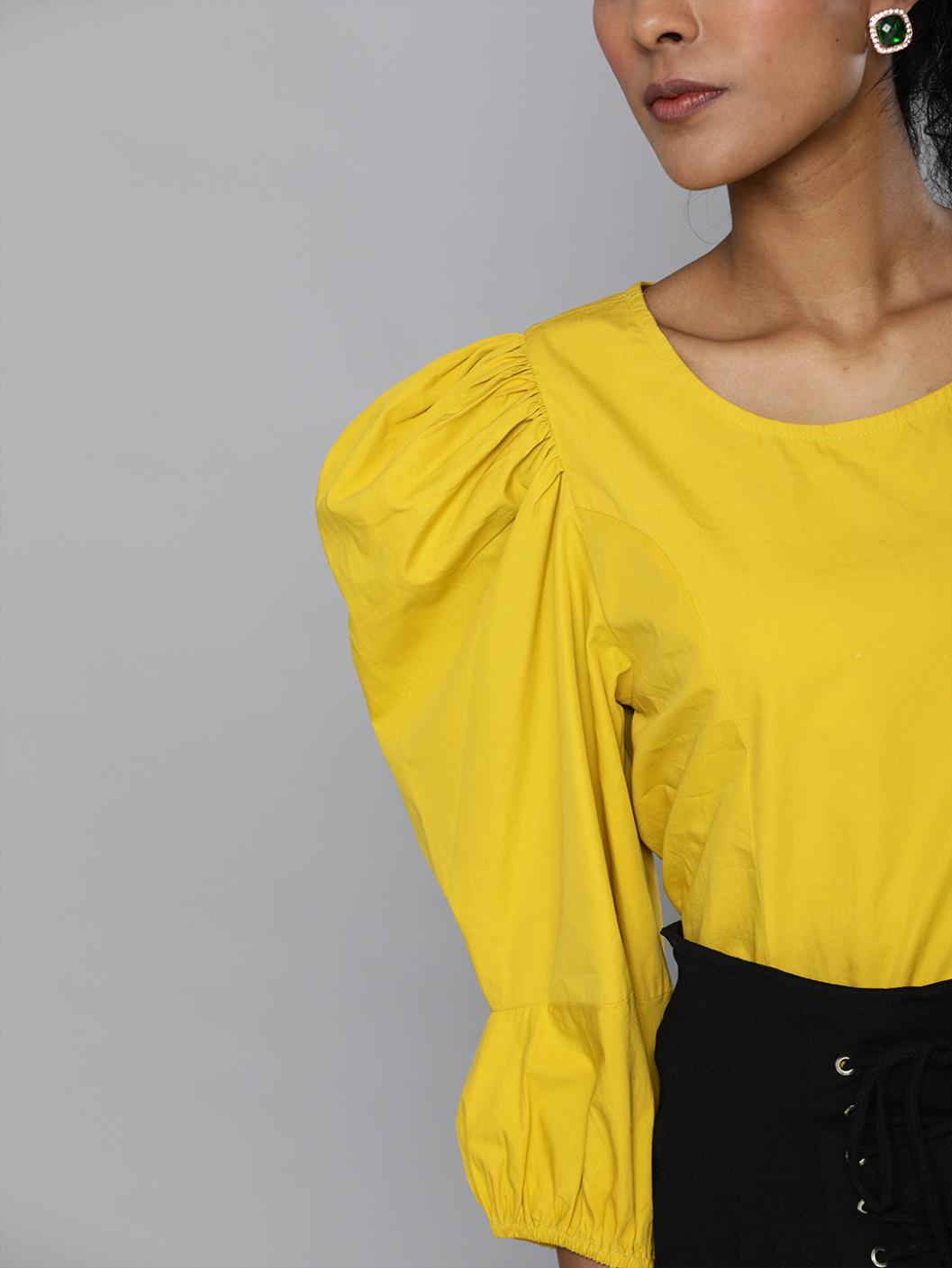 Mustard yellow volume sleeves Poplin top