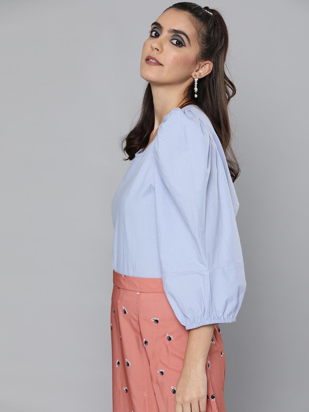 Blue volume sleeves Poplin top