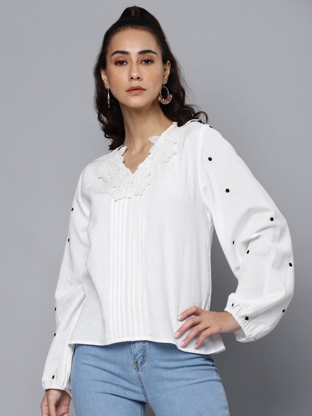 White Pure Cotton Solid Lace Insert Puff Sleeve Top