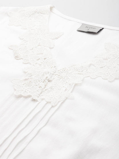 White Pure Cotton Solid Lace Insert Puff Sleeve Top