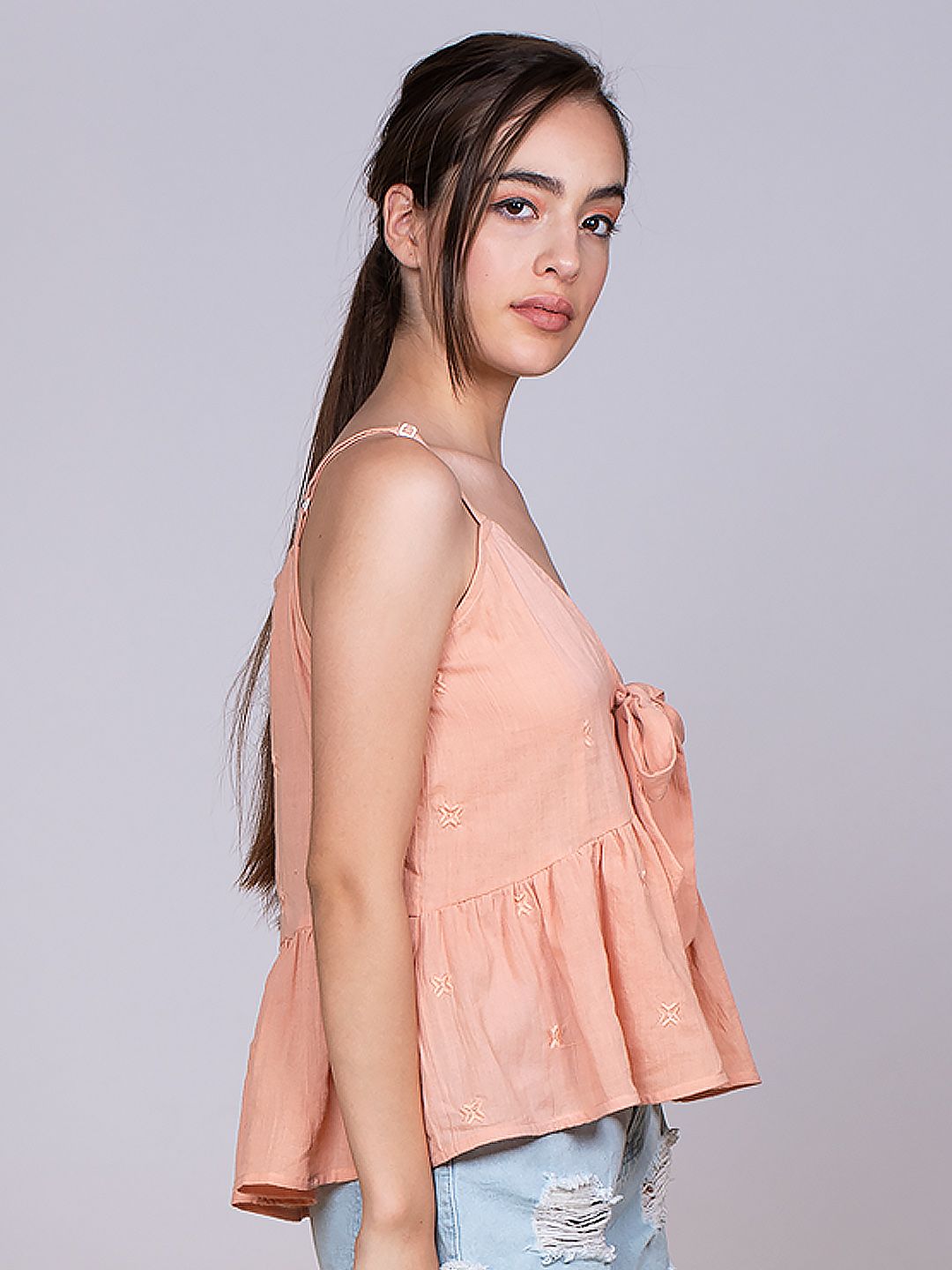 Peach Embroidered front Knotted Top