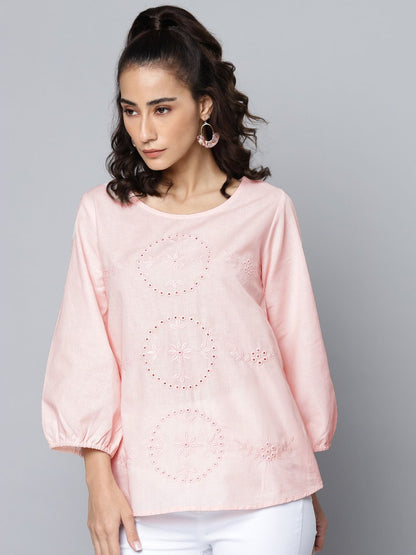 Pink Schiffli Embroidered Cotton Linen?op