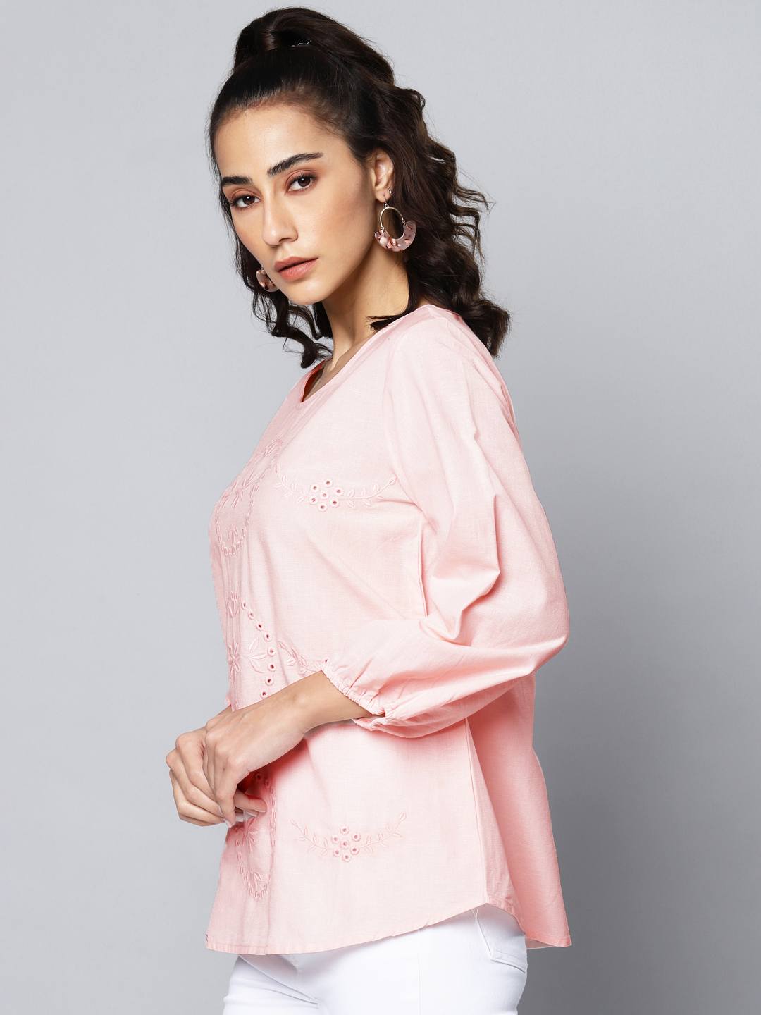 Pink Schiffli Embroidered Cotton Linen Top