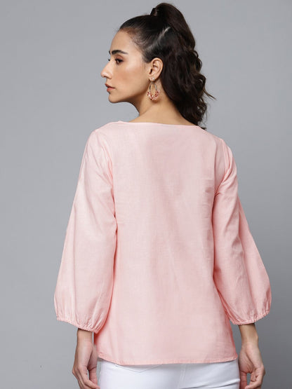 Pink Schiffli Embroidered Cotton Linen Top