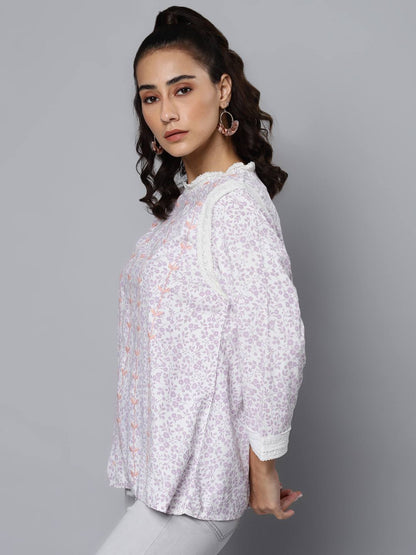 Printed Embroidered & Lace Detail Top