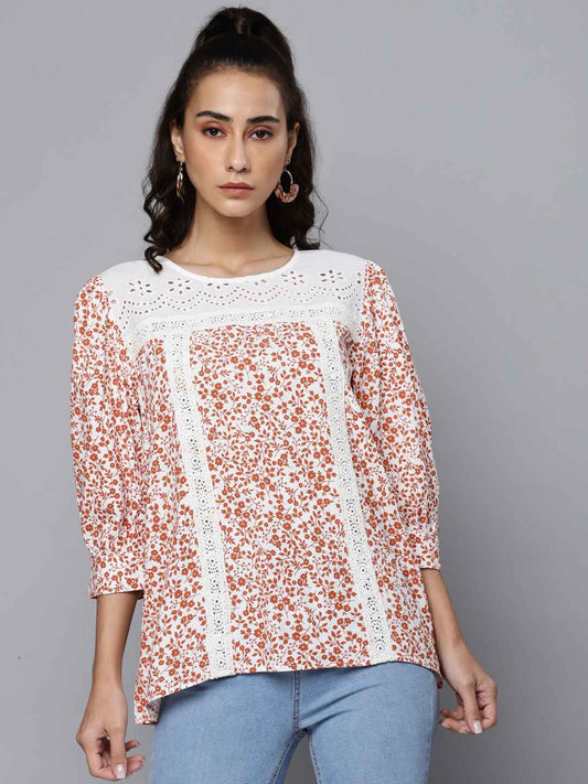 Printed Top with Lace Detail & Schiffli Yoke