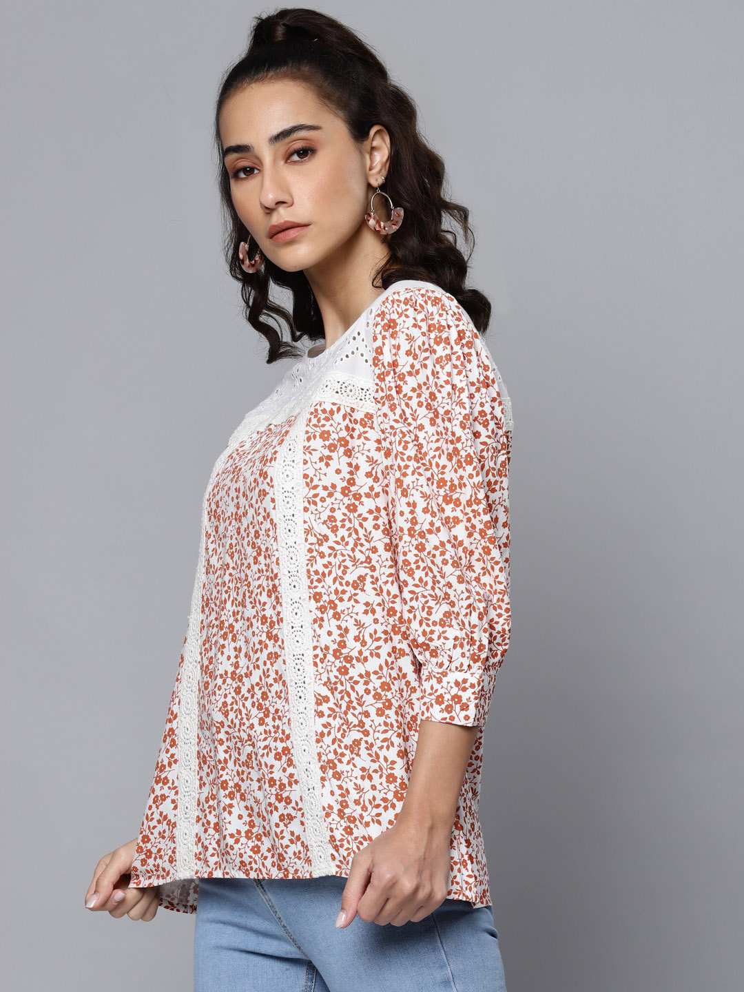 Printed Top with Lace Detail & Schiffli Yoke