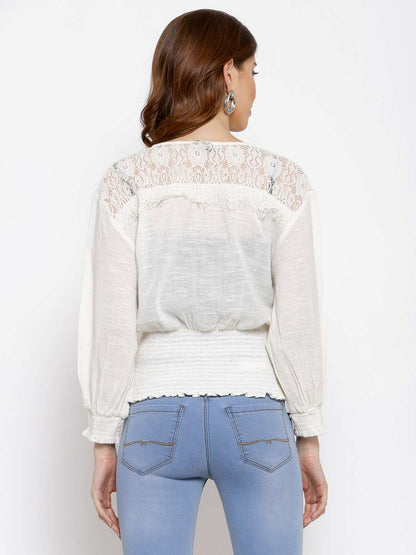 Lace Insert Top With Smocked Waist